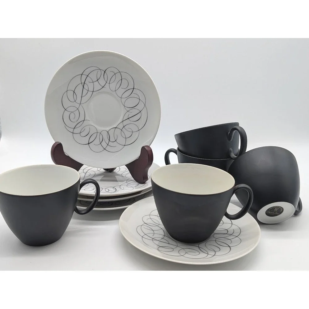 5 Raymond Loewy Continental China Charcoal Teacup Script Saucer‎ MCM Rosenthal